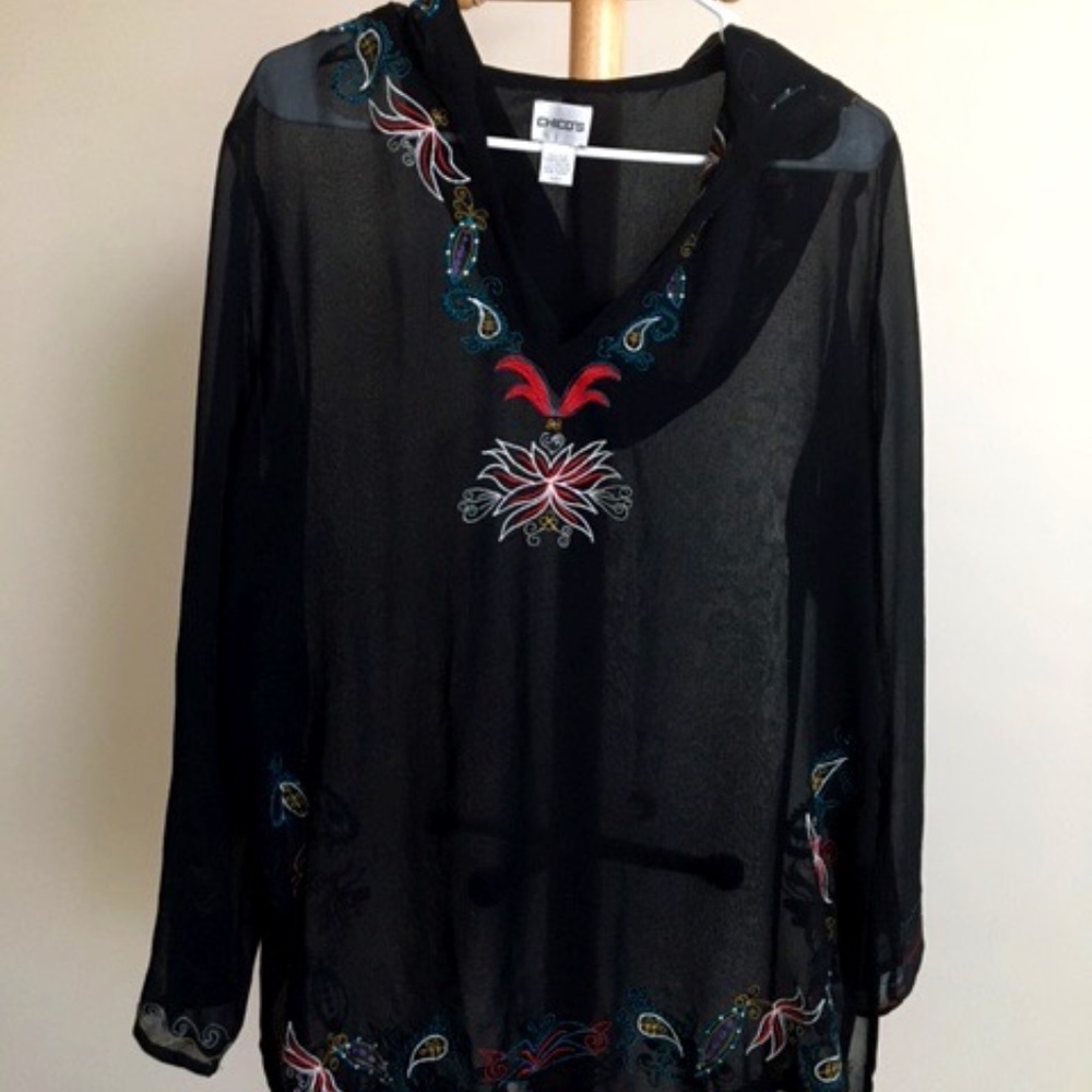 Chico's Women's Black 100% Silk Hooded Tunic Top with Embroidery - Size 1